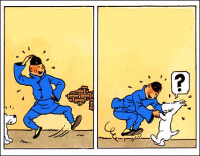 Sur ces cases du "Lotus Bleu", Tintin à l'air particulièrement en joie, sous le regard un peu intrigué de Milou (qu'il vient de retrouver) : pourquoi ?