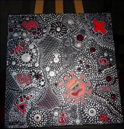 Tant d'interdits en 2020 dont l'art, la culture et le sport qui n'ont pu s'exprimer librement. Pour mémoire, j'ai mis en scène à travers cette peinture "le coronavirus" qui a causé en fin d'année 1 827 544 décès dans le monde entier dont 64 765 en France. 
Retrouvez, à partir des lettres, le vocabulaire qui écrit cette page historique. Artistiquement vôtre : A ou B ?