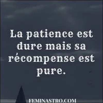 Ton proche est-il patient ?
(Tu bloques ? : aptitude à ne pas s'énerver des difficultés, à supporter les défaillances, les erreurs, etc. : Faire preuve de patience. Qualité de quelqu'un qui sait attendre avec calme : Montrer une patience inlassable. Persévérance, constance à faire quelque chose, à poursuivre un dessein : Sa patience a été récompensée)