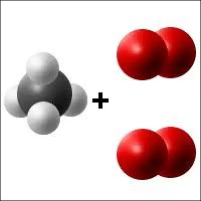 Sur cette image, une molécule de méthane réagit avec deux molécules de dioxygène. Cela s'écrit :