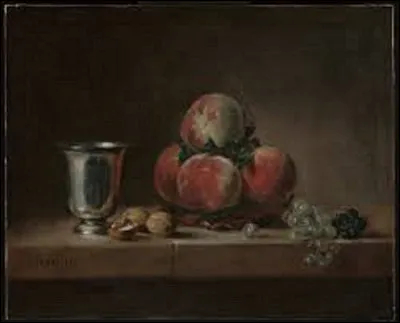 Qui est l'auteur de ce tableau intitulé : ''Nature morte aux pêches, gobelet en argent, raisins et noix'' ?