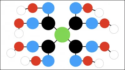 Puisque j'aime bien vous voir souffrir, voici un petit bonus.
De quoi est composée cette molécule (inventée par moi) ? Donne-les-moi toutes en partant du centre, d'abord vert, ensuite noir, ensuite bleu, etc.