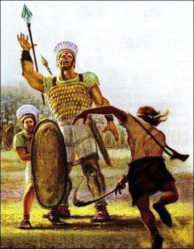 Puissant guerrier philistin trop sur de lui, un jeune berger hébreu lui fracassa la tête avec une seule pierre. Qui sont-ils ?