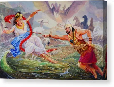 Affrontement d'un jeune guerrier vigoureux et d'une déesse marine génitrice des divinités, ce combat forme un des plus importants chapitres de la grande épopée babylonienne. Qui sont-ils ?