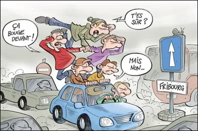 Nous attendons un ami belge, il arrive de Thuin, mais il est en retard. Il envoie un sms pour dire qu'il y a de gros embouteillages, où est-il resté coincé ?