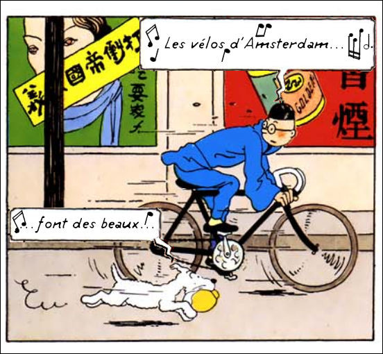 Tintin est tellement à l'aise à vélo qu'il peut fredonner en même temps... et Milou aussi ! Complétez les paroles et le nom du chanteur !