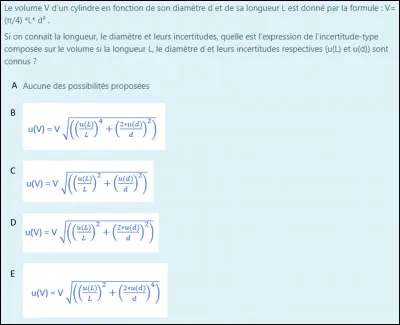 Si on connaît la longueur, le diamètre et leurs incertitudes, quelle est l'expression de l'incertitude-type composée sur le volume si la longueur L, le diamètre d et leurs incertitudes respectives (u(L) et u(d)) sont connus ?