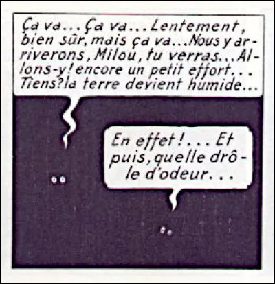 Tiens, v'la-t-il pas que m'sieur Hergé fait grève des décors... Que se passe-t-il ? C'est tout noir !