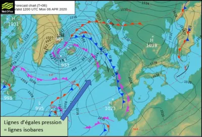 Comment appelle-t-on les traits et fanions visibles sur une carte météorologique indiquant la vitesse du vent ?