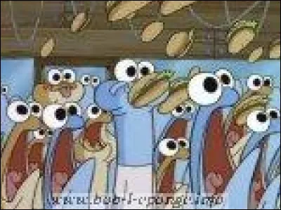 Dans le tout premier épisode "Bienvenue a bord", quelle race de poisson se déplaçant en bande Bob arrive-t-il à rassasier ?