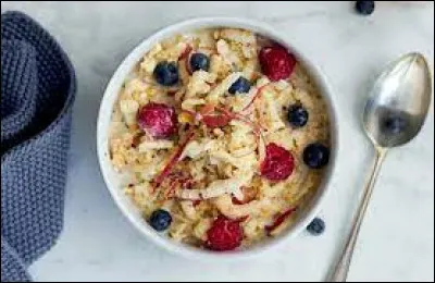 Comment s'appelle ce petit déjeuner composé de blé ou avoine écrasé dans du lait sucré au miel et accompagné de morceaux de fruits ?