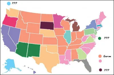 Voici les 3 seules langues autochtones "3e langue", avec du nord au sud : l'Alaska (bleu clair), le Dakota du sud (grenat) et l'Arizona et le Nouveau-Mexique (en vert foncé) : quelles sont ces langues ?