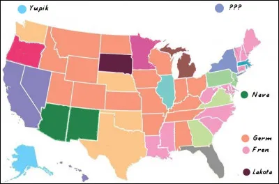 L'état de New-York (en gris-bleu) est le seul où cette langue, pourtant parlée par plus de 3,3 millions de personnes aux USA, arrive en 3e position : laquelle est-ce ?