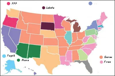 De même, seul l'état d'Oregon (en rouge) revendique cette langue comme étant la 3e la plus pratiquée : laquelle ?