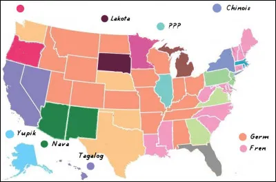 Complètement cerné par des germanophones, (cela devient une habitude), l'état de l'Illinois (en turquoise) est l'unique à revendiquer le [...] comme 3e langue !