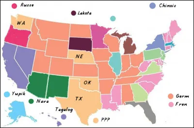 Une grande partie de ces migrants sont arrivés dans les années 70 du XXe s. et parle la "3e langue" dans 4 états (Washington, Nebraska, Oklahoma et Texas, en beige) : laquelle ?