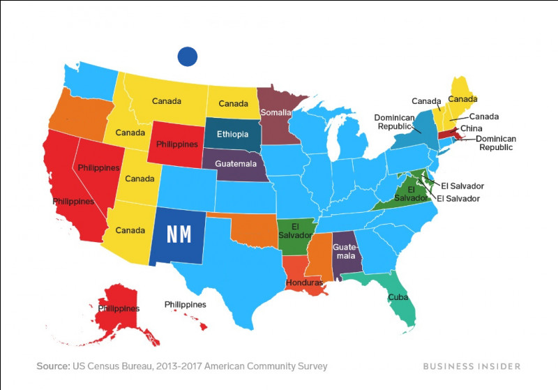 Travailleurs étrangers (3) > D'où sont originaires les étrangers les plus nombreux (à l'exception du Mexique) dans l'État du Nouveau-Mexique (en bleu foncé) ?