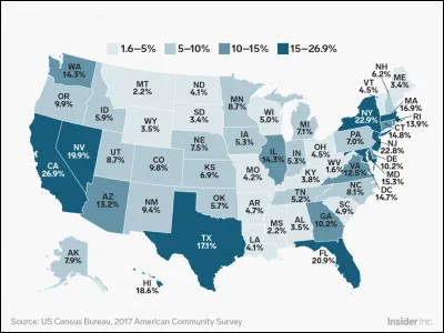 Sur cette carte, que représente le pourcentage indiqué dans chaque État ?
