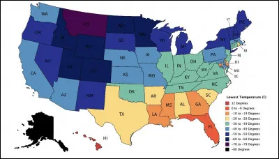 Carte des températures minimales > Hors Alaska, c'est le Montana qui décroche la palme du record avec (en degré Celsius) ...