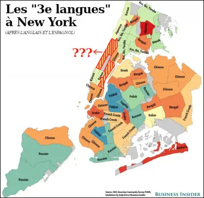 Langues > Dans cette mosa&iuml;que linguistique &eacute;tonnante qu'est la ville de New York, va-t-on r&eacute;ussir &agrave; se comprendre ? Quelle est la "3e langue" du quartier hachur&eacute; en rouge ?