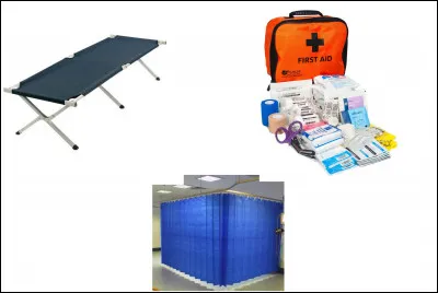 Près des armoires, ce poste de premiers secours est en place. Quel genre de lit est montré ici ?