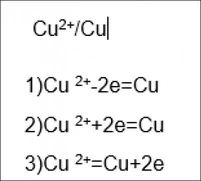 La demi-équation d'oxydoréduction du couple Cu2+/Cu est...