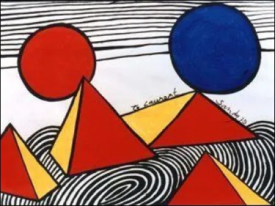 Représentation des pyramides de Guizèh par un grand artiste américain (1898-1976) connu pour ses mobiles et ses sculptures suspendues. Qui est-il ?