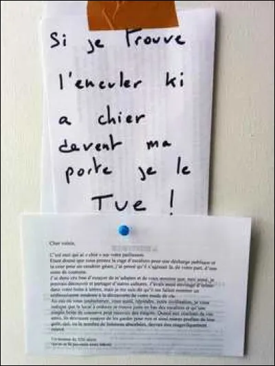 Tu veux sortir de chez toi pour regarder le courrier dans ta boîte aux lettres quand, soudain, tu remarques en ouvrant ta porte qu'un petit garnement à déposer une crotte sur ton paillasson ! Comment réagis-tu ?