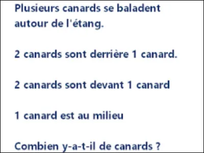 Plusieurs canards se baladent autour de létang.
Deux canards sont derrière un canard.
Deux canards sont devant un canard.
Un canard est au milieu.
Combien y a-t-il de canards ?