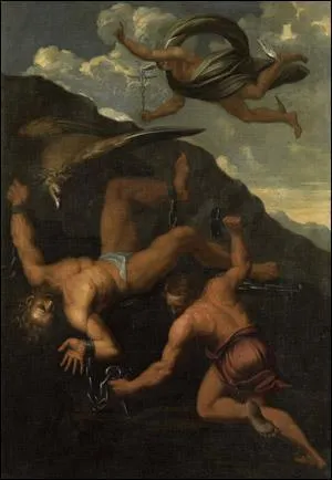 Pour rcompenser Styx de l'avoir aid, Zeus prit ses fils  son service et leur ordonna d'enchaner Promthe. Leurs noms signifiant respectivement 'Violence' et 'Pouvoir', il s'agit de :