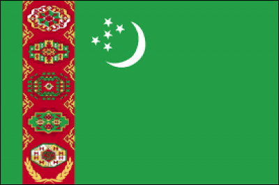 À quel pays d'Asie correspond ce drapeau à fond vert sur lequel se trouve une lune, cinq étoiles et d'une bande rouge verticale le long du mât qui porte cinq motifs de tapis au-dessus de deux rameaux d'olivier croisés ?
