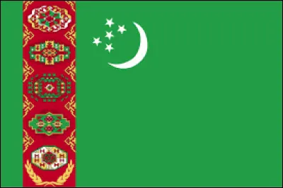 À quel pays d'Asie correspond ce drapeau à fond vert sur lequel se trouve une lune, cinq étoiles et d'une bande rouge verticale le long du mât qui porte cinq motifs de tapis au-dessus de deux rameaux d'olivier croisés ?