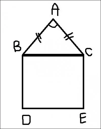 Ce motif initial est composé d'un carré BCDE surmonté d'un triangle isocèle ABC. Quelle est la valeur de l'angle ACB ?