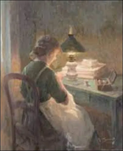 Qui a peint ce tableau intitulé "La couture sous la lampe" ?