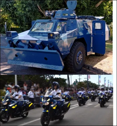 Juste derrière, la gendarmerie prend le relais avec des motards et un...