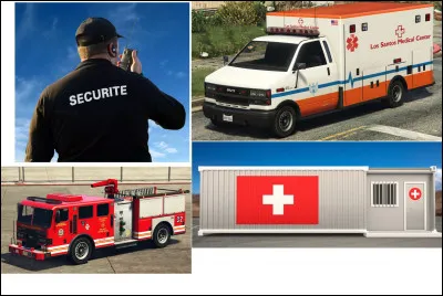 Ces engins et ces personnes assurent la sécurité à l'intérieur de la fête foraine. Les véhicules de secours sur l'image sont...