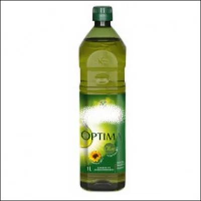 Présentation trompeuse pour cette bouteille d'huile avec une forme carrée et un plastique vert foncé qui fait penser à une huile d'olive bio. Ce fabriquant ajoute à une huile de tournesol seulement...