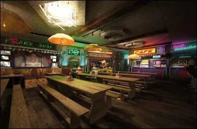 Vous avez faim ? Le vaisseau a deux bars comme celui-là. Qu'est-ce qui est écrit en rouge sur le panneau ?