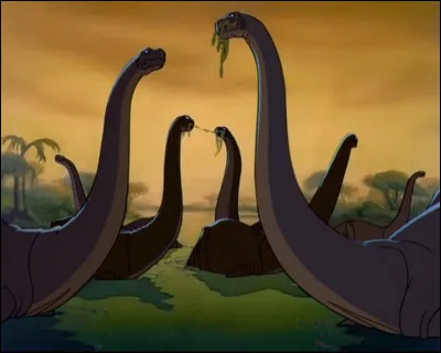 Voici un troupeau d'Apatosaures (Brontosaures) dans un marais. A l'époque, on croyait que ces dinosaures vivaient presque uniquement dans l'eau, à cause de leur poids, mais aussi à cause :