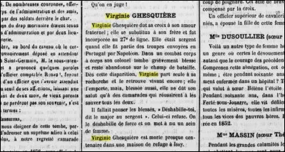 On "le" déshabille malgré sa résistance. C'est encore une femme. Elle avait pris la place de son frère. Elle a obtenu le grade de sergent.
Les médecins informent l'état-major que c'est une femme la poitrine en sang. On radie alors de l'armée.
Elle tue 2 soldats anglais sur leurs chevaux, hisse un colonel blessé et le ramène à l'hôpital. Elle reçoit la légion d'honneur. Qui est-elle ?