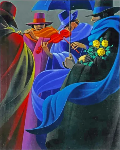 Voici des musiciens entour&eacute;s de rubans, qui est l'artiste les ayant imagin&eacute;s, plus connu pour ses peintures repr&eacute;sentant des parapluies ?