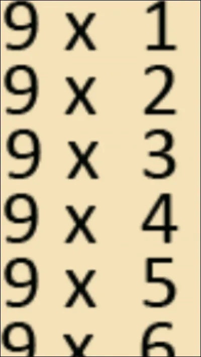 Complète l'opération : 9×1 = 9, 9×2 = 18, 9×3 = 27, 9×4 =...