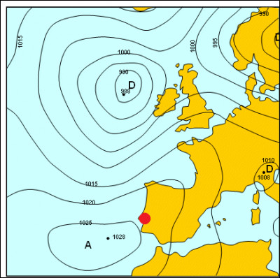 Et enfin, nous nous dirigeons au Portugal avec une pression proche de 1025 hPa sous un beau soleil, nous sommes dans une zone...