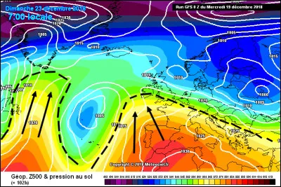 Cas contraire, on retrouve cette même carte avec la représentation de 2 dorsales, mais on peut y distinguer un engouffrement de basses-pressions vers le Sud au milieu de l'Atlantique, on nomme cette zone un...