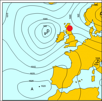 Mettons cela en pratique désormais. Nous nous trouvons en Écosse (point rouge) avec une pression comprise entre 1000 et 1002 hPa et un temps pluvieux, nous nous trouvons donc dans une...