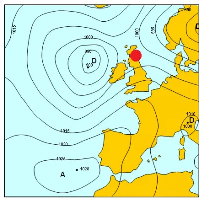 Mettons cela en pratique désormais. Nous nous trouvons en Écosse (point rouge) avec une pression comprise entre 1000 et 1002 hPa et un temps pluvieux, nous nous trouvons donc dans une...