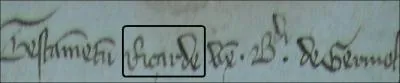 Il est crit ici : Testamentum ... Uxor Bernardi de Germol '. Ce qui signifie : 'Testament de ... , femme de Bernard de Germol. ' Le mot encadr est le prnom de cette femme. Quel est-il ?