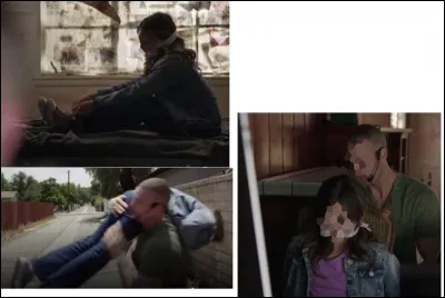 Pendant ce temps, je profite que l'homme soit ailleurs pour tenter de me sauver et trouver de l'aide. Je défais mes liens et cours dans la rue. Mais mon ravisseur me rattrape et m'attache à nouveau, cette fois près de lui. Sur la première image, je me détache...