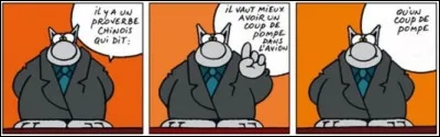 Pompe : quant au célèbre Chat, il a une vision très sage du coup de pompe : Il vaut mieux avoir un coup de pompe dans l'avion :
