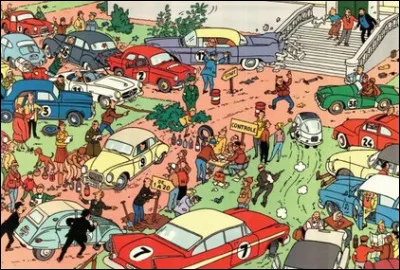 Quelle est la marque de la voiture verte qui participe au rallye auto organisé par Séraphin Lampion dans la dernière vignette de l'album Coke en Stock ?